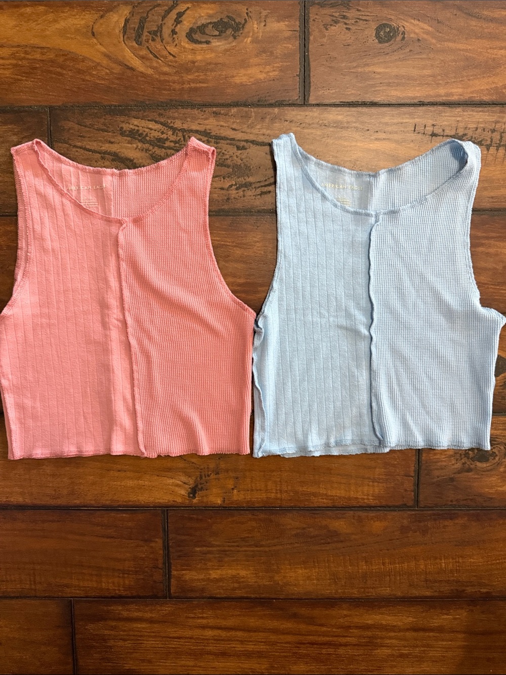 American Eagle Outfitters 2-Ribbed Crop Tank Tops in Pinkish/Coral & Light Blue